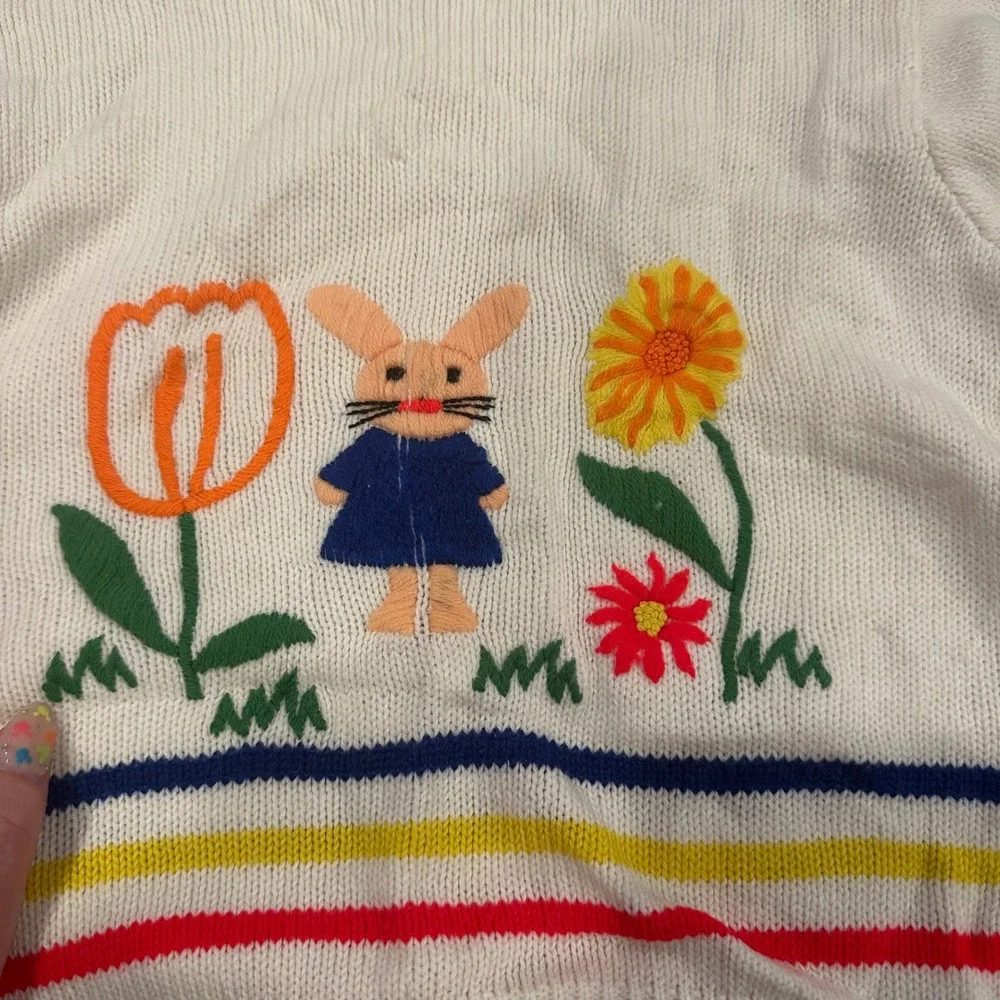Vintage 3T Bunny Floral Knit Sweater‎ and Striped Flare Pants Set Navy Cream